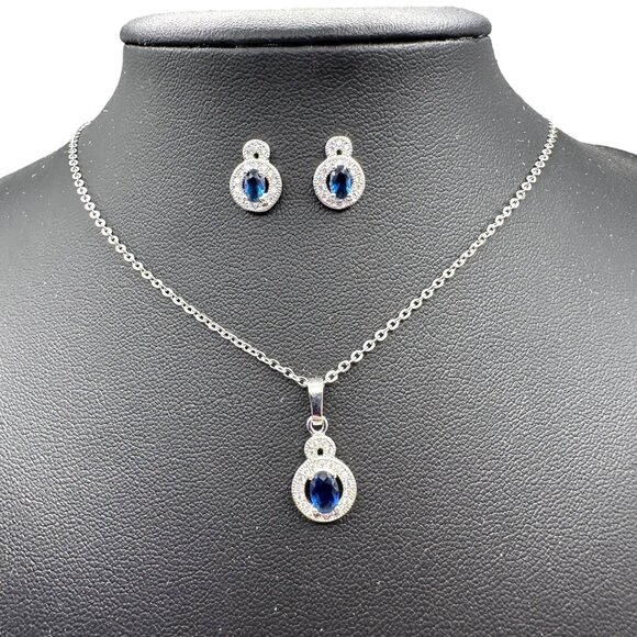 Stauer Angel Eyes Set Necklace & Earrings Stud Silver Tone Blue Vintage Style - Picture 2 of 16